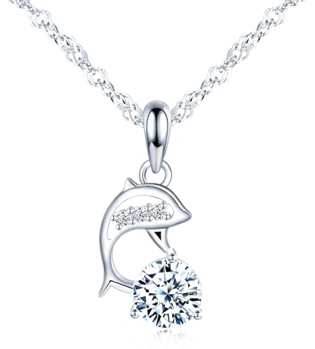 CONILOK Halskette Damen Kette Silber 925 mit Anhänger Runde Zirkon Delphin Halsketten Personalisierter Schmuck Ketten Geschenk für Sie Frauen Freunde Frau Mädchen Geburtstag Muttertag Weihnachtstag von CONILOK