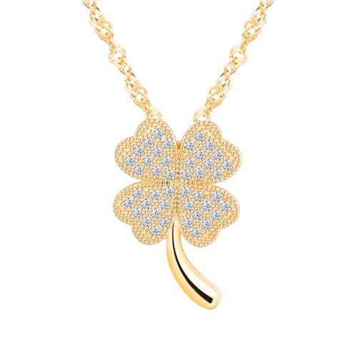 CONILOK Halskette Damen Vierblättriges Kleeblatt Kette Silber 925 mit Anhänger Zirkon Glücksblatt mit Rhizom Halsketten für Frauen Mädchen Modeschmuck Geschenk für Sie Frau Freundin Mama Gold von CONILOK