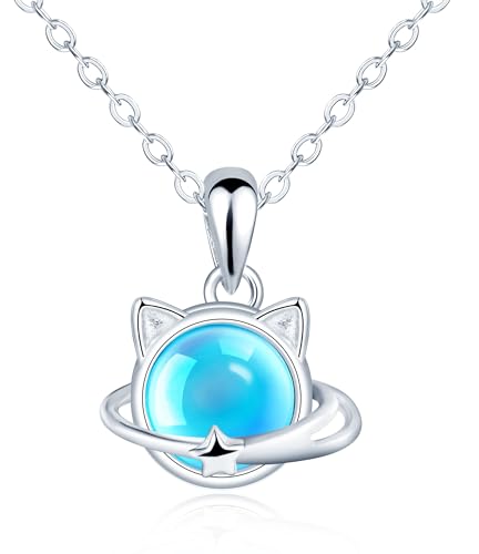 CONILOK Halskette Damen Kette Silber 925 mit Anhänger Mondstein Planet Katze Halsketten Personalisierter Schmuck Ketten Geschenk für Sie Frauen Freunde Frau Mädchen Geburtstag Muttertag Weihnachtstag von CONILOK