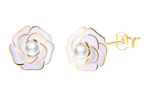 CONILOK Perlen Kamelie Ohrringe Silber 925 Stecker Ohrstecker Ohrhänger Gold Damen Schmuck Ohrring Kleine Geschenke für Frauen Mädchen Freundin Mutter Geburtstag Hochzeit Weihnachtstag Valentinstag von CONILOK