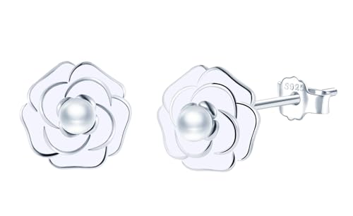 CONILOK Perlen Kamelie Ohrringe Silber 925 Stecker Ohrstecker Ohrhänger Silber Damen Schmuck Ohrring Kleine Geschenke für Frauen Mädchen Freundin Mutter Geburtstag Hochzeit Weihnachtstag Valentinstag von CONILOK