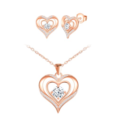 CONILOK Schmuck Set Damen Kette mit Herz Ohrringe Silber 925 Stecker Zirkon Liebe Charm Anhänger Halskette Geschenk für Sie Frauen Freundin Teenager Mädchen Geburtstag Muttertag Weihnachtstag Roségold von CONILOK