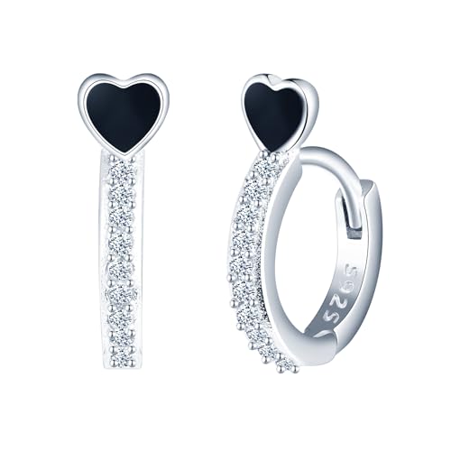 CONILOK Schwarze Herz Zirkon Ohrringe Silber 925 Creolen Ohrhänger Silber Damen Schmuck Ohrring Kleine Geschenke für Frauen Mädchen Beste Freundin Mutter Geburtstag Hochzeit Weihnachtstag Valentinstag von CONILOK