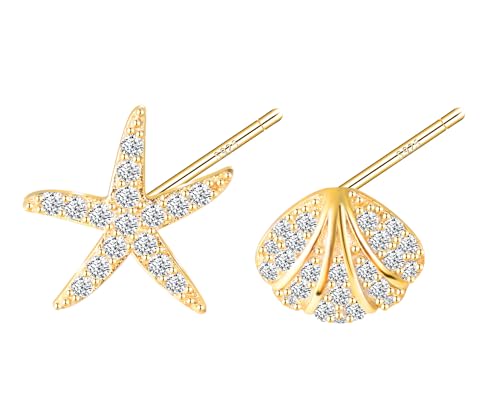 CONILOK Unsymmetrisch Ohrringe Silber 925 Stecker Ohrstecker Ohrhänger Gold Zirkon Seesterne Muschel Damen Schmuck Ohrring Geschenke für Frauen Mädchen Geburtstag Hochzeit Weihnachtstag Valentinstag von CONILOK