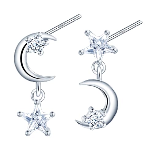 CONILOK Unsymmetrisch Zirkon Stern Mond Ohrringe Silber 925 Stecker Ohrstecker Ohrhänger Silber Damen Schmuck Ohrring Geschenke für Frauen Mädchen Freundin Mutter Geburtstag Hochzeit Weihnachtstag von CONILOK