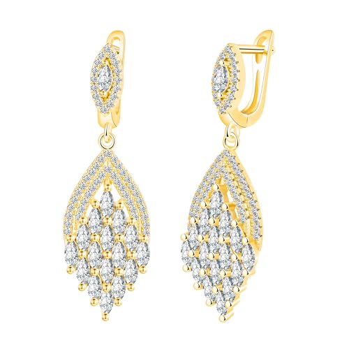 CONILOK Ohrringe mit Zirkonia Blatt Anhänger Damen Silber 925, Hypoallergen Ohrringe Hängend Creolen Piercing Ohrschmuck, Gold Elegant Glänzend Ohrhänger für Mama Frau Freundin Braut Brautjungfer von CONILOK