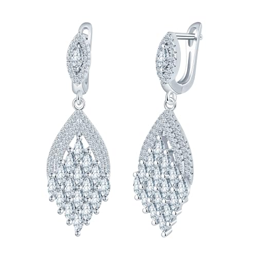 CONILOK Ohrringe mit Zirkonia Blatt Anhänger Damen Silber 925, Hypoallergen Ohrringe Hängend Creolen Piercing Ohrschmuck, Silber Elegant Glänzend Ohrhänger für Mama Frau Freundin Braut Brautjungfer von CONILOK