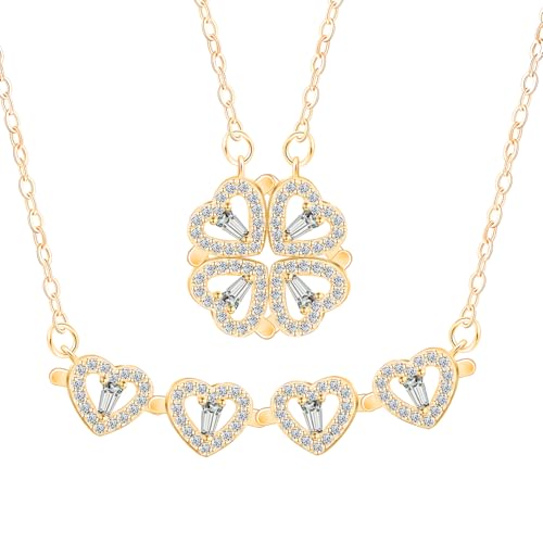 Herz Kleeblatt Magnetisch Damen Halskette, Kette Silber 925 mit Zirkonia Vierblättriges Kleeblatt Anhänger, Elegante Glänzend Glückskette Zwei Tragestile Modeschmuck für Frauen Mama Frau Freundin Gold von CONILOK