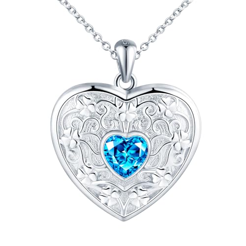 Herz Medaillon zum Öffnen für Bilder Halskette Damen Silber 925 mit Kristalle:Kleeblatt Foto Kette Bilder Anhänger Halskette-Mode Glück Amulett Schmuck-Geschenk für Frauen Mama Freundin Mädchen Blau von CONILOK