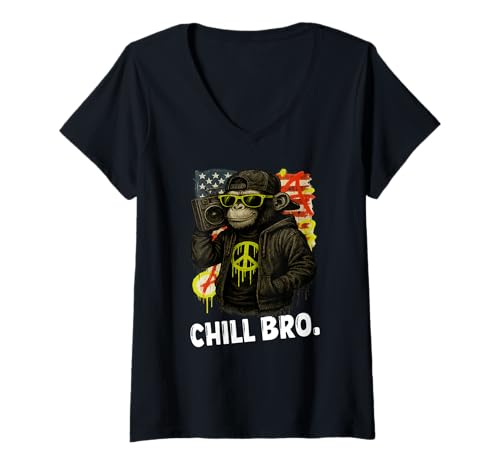Damen Chill Bro Cooler Affe mit Sonnenbrille Lustiger Spruch T-Shirt mit V-Ausschnitt von CONLEE