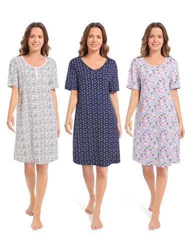 CONOMAX 3 Stück Nachtwäsche Nachthemden Weiche Nachthemden Kurzarm Schlafkleid für Damen, Set 1, X-Large von CONOMAX