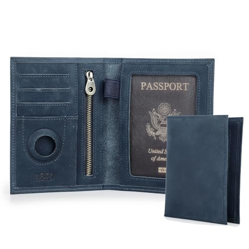 CONTACTS Herren Reisepass Brieftasche Echtes Leder RFID Blocking Geldbörse mit AirTag Slot Card Organizer Slim Clutch für Familienreisen, Blau-S von CONTACTS