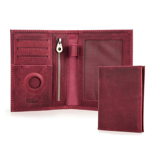 CONTACTS Herren Reisepass Brieftasche Echtes Leder RFID Blocking Geldbörse mit AirTag Slot Card Organizer Slim Clutch für Familienreisen, Rot-S, Retro von CONTACTS