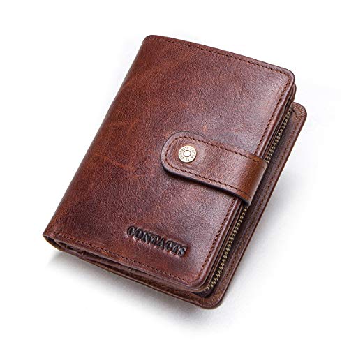 CONTACTS Echtes Leder Herren und Damen Geldbörsen Münzkarte Reißverschluss Knopf Geldbörse Mehrfarbig optional (Braun) von CONTACTS