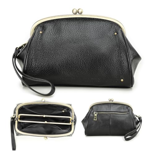 Contacts Kiss Lock Clutch Damen Echtledertasche Kussverschluss Handgelenk Geldbörse Vitange Handtasche Abend, Schwarz , M von CONTACTS