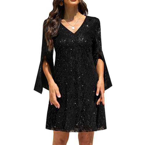 COOAN Damen Formales Festliche Kleid Hochzeitsgäste Kleider Cocktail Spitze Pailletten Evening von COOAN