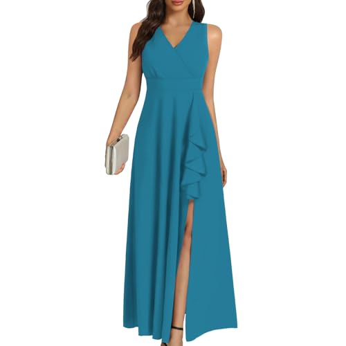 COOAN Frauen Schwarz Lang Formelle Kleider Cocktail Hochzeit Gastkleider Rüschen Teilung Elegant V Hals Party Kleider von COOAN