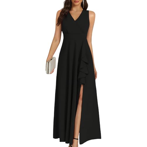 COOAN Frauen Schwarz Lang Formelle Kleider Cocktail Hochzeit Gastkleider Rüschen Teilung Elegant V Hals Party Kleider von COOAN