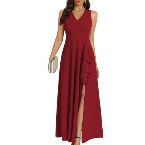 COOAN Frauen Schwarz Lang Formelle Kleider Cocktail Hochzeit Gastkleider Rüschen Teilung Elegant V Hals Party Kleider von COOAN