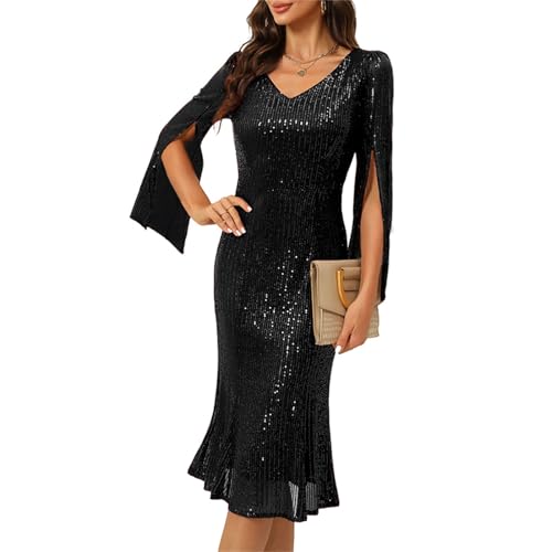 COOAN Pailletten Cocktail Formal Kleider für Frauen,Hochzeiten Gast Abend Party Kleider Slim Midi Fishtail Kleid von COOAN