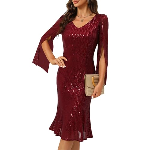 COOAN Pailletten Cocktail Formal Kleider für Frauen,Hochzeiten Gast Abend Party Kleider Slim Midi Fishtail Kleid von COOAN