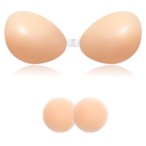 COODAM Klebe BH Push Up - Silikon Unsichtbarer BH Zum Kleben Push-Up Klebe Trägerloser Rückenfrei, Wiederverwendbare Sticky Bra mit 2Pcs Nippelpads für Alle Rückenfreie Kleidung (Hautfarbe, A) von COODAM
