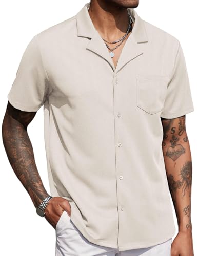 COFANDY Hemd Herren Elastisch Kurzarm Sommer Hemd Freizeithemd Businesshemd Strandhemd Einfarbig Basic Shirt Cuban Collar Shirt Beige L von COOFANDY