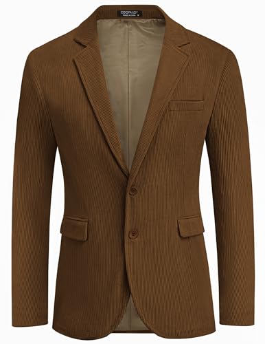 COOFADNY Herren-Blazer aus Kord, klassische Passform, zwei Knöpfe, Spoat-Mantel, modische Blazer mit gekerbtem Revers, Braun, L von COOFANDY