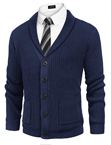 COOFADNY Herren Strickjacke mit Schalkragen und Zopfstricktasche - Blau - X-Groß von COOFANDY