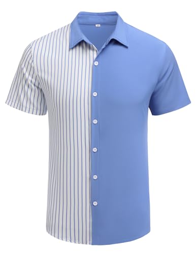 COOFANDY Herren Kurzarm gestreiftes Hemd Sommer Casual Button Down Freizeithemd Urlaub Shirts Regular Fit Hellblau L von COOFANDY