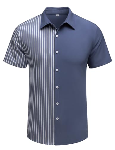 COOFANDY Herrenhemd Kurzarm Gestreiftes Hemd Regular Fit Hawaiihemd Button down Sommerhemd Casual Freizeithemd Dunkelblau L von COOFANDY