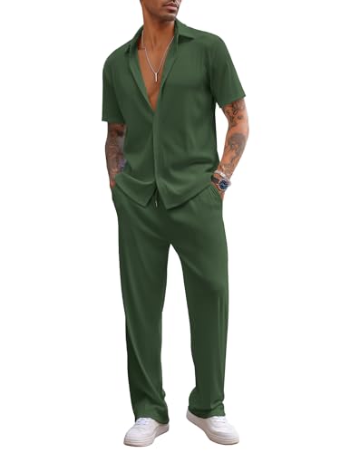 COOFANDY 2-teiliges Herren-Outfit, lässig, kurzärmelig, Button-Down-Shirt, Strand, Sommer, lockere Hose, Dunkelgrün, Medium von COOFANDY