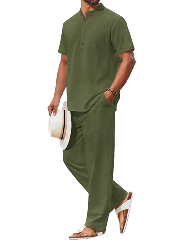 COOFANDY 2-teiliges Herren-Set, Baumwolle, lässig, kurzärmelig, Henley-Shirts und Strandhosen mit Taschen, Sommerurlaub-Outfits, Grün (Army Green), Large von COOFANDY