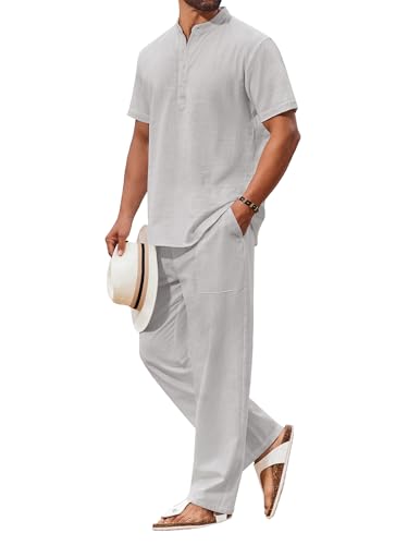 COOFANDY 2-teiliges Herren-Set, Baumwolle, lässig, kurzärmelig, Henley-Shirts und Strandhosen mit Taschen, Sommerurlaub-Outfits, Hellgrau, Medium COOFANDY 2-teiliges Herren-Set, Baumwolle, lässig, kurzärmelig, Henley-Shirts und Strandhosen mit Taschen, Sommerurlaub-Outfits, Hellgrau, Medium von COOFANDY