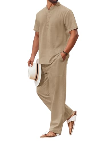 COOFANDY 2-teiliges Herren-Set, Baumwolle, lässig, kurzärmelig, Henley-Shirts und Strandhosen mit Taschen, Sommerurlaub-Outfits, Khaki, Small COOFANDY 2-teiliges Herren-Set, Baumwolle, lässig, kurzärmelig, Henley-Shirts und Strandhosen mit Taschen, Sommerurlaub-Outfits, Khaki, Small von COOFANDY