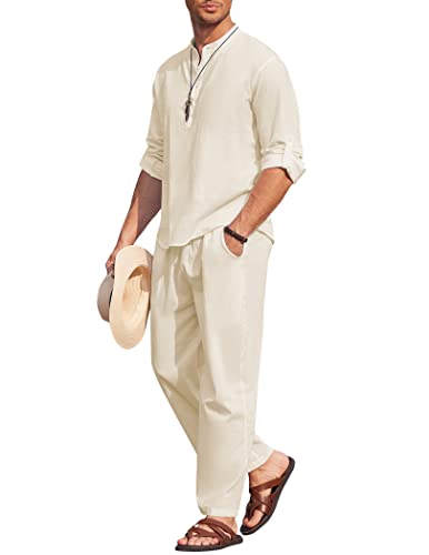 COOFANDY 2-teiliges Herren-Set aus Baumwoll-Leinen, lässig, langärmelig, Henley-Shirt, Strandhose mit Taschen, Sommer-Yoga-Outfits, Beige, XX-Large von COOFANDY