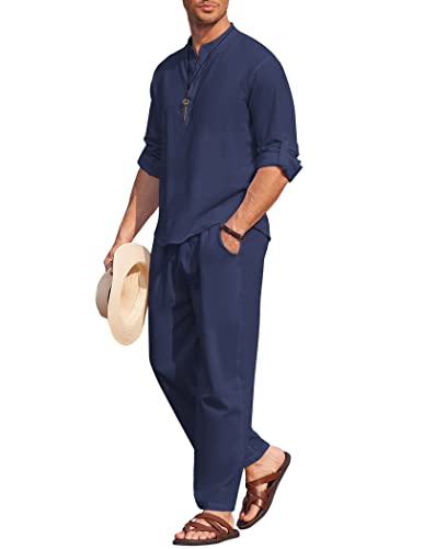 COOFANDY 2-teiliges Herren-Set aus Baumwoll-Leinen, langärmelig, Henley-Shirt, lässige Strandhose mit Taschen, Sommer-Yoga-Outfits, Marineblau, Large COOFANDY 2-teiliges Herren-Set aus Baumwoll-Leinen, langärmelig, Henley-Shirt, lässige Strandhose mit Taschen, Sommer-Yoga-Outfits, Marineblau, Large von COOFANDY