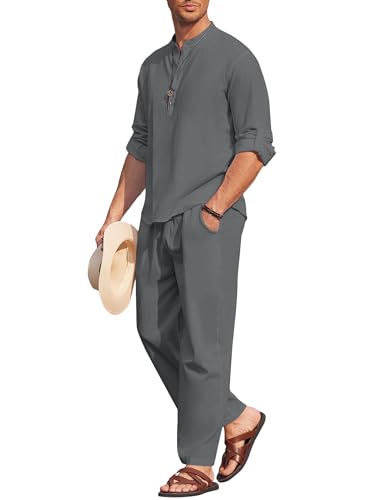 COOFANDY 2-teiliges Herren-Set aus Baumwoll-Leinen, langärmelig, Henley-Shirt, lässige Strandhose mit Taschen, Sommer-Yoga-Outfits, grau dunkel, XXX-Large von COOFANDY