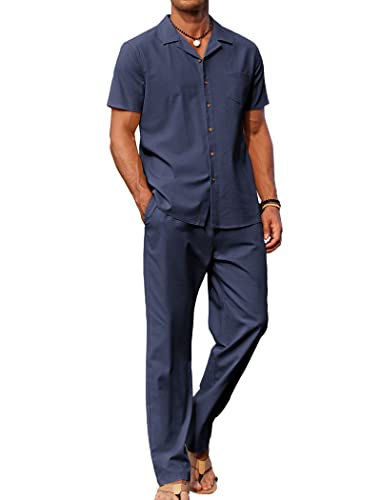 COOFANDY 2-teiliges Leinen-Outfit für Herren, mit Knopfleiste, lässig, lockere Hose, Marineblau, Medium von COOFANDY