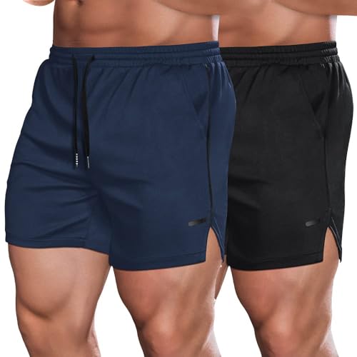 COOFANDY 2er Pack Herren Sport Shorts mit Taschen Schnell Trocknende Workout Shorts für Herren Outdoor Laufhose Navy Blue/Black M von COOFANDY