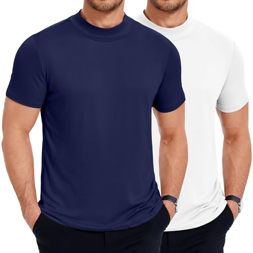 COOFANDY 2er Pack Herren T-Shirt mit Halb Kragen Crewneck Sommer T-Shirt Rollkragenshirt Slim Fit Kurzarmshirt Sommershirt Stehkragenshirt Unterhemd Weiß/Marineblau M von COOFANDY