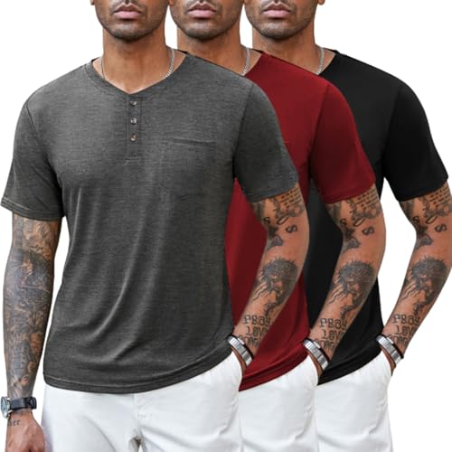 COOFANDY 3er Pack Herren Henley Shirt Kurzarm T-Shirt Einfarbig Shirts mit Taschen Männer OberteileTee Schwarz/Dunkelgrau/Weinrot M COOFANDY 3er Pack Herren Henley Shirt Kurzarm T-Shirt Einfarbig Shirts mit Taschen Männer OberteileTee Schwarz/Dunkelgrau/Weinrot M von COOFANDY