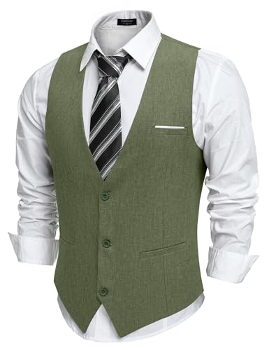 COOFANDY Anzug Weste Herren Anzugweste mit Taschen Gilet V-Ausschnitt Hochzeit Weste Businessweste Suit Vest Frackweste Smoking Weste Elegant Olivgrün XL von COOFANDY