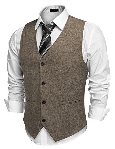 COOFANDY Anzugwesten für Herren V-Ausschnitt Formale Hochzeit Klassische Retro Baumwolle Einfarbige Elegant Westen Business Party Weste Braun XL von COOFANDY