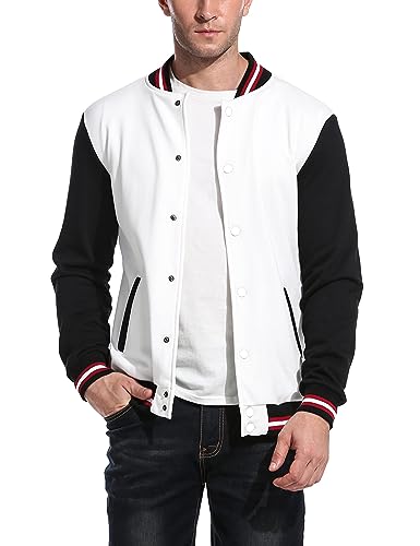 COOFANDY Bomberjacke Herren Freizeit Leichte Übergangsjacke mit Stehkragen Fliegerjacke College Jacke Outdoor Baseballjacke Herrenjacke Baumwolle Weiß L von COOFANDY