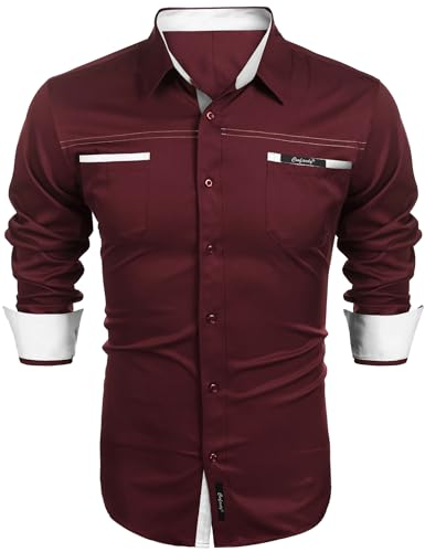 COOFANDY Business Hemd Regular Fit Hemd Herren Langarm Freizeithemd Anzug Hemd Langarmhemden Casual Shirts Bügelfrei Herrenhemd mit Brusttasche Weinrot S von COOFANDY