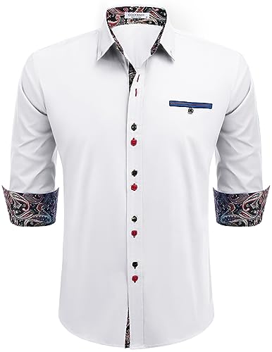 COOFANDY Business Hemden mit normaler Passform lässiges Langarm Baumwollhemd mit kontrastierenden Manschetten für Herren Weiß XL von COOFANDY
