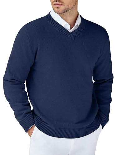 COOFANDY Business Pullover Herren V Ausschnitt Männer Herrenpullover V Neck Dicke Winterpullover Slim Fit Pulli Navy Blau L von COOFANDY