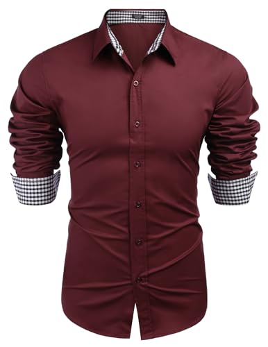 COOFANDY Businesshemd Herren Langarm Slim fit Hemd Freizeithemd Baumwollemischung Anzug Hemd Modern Weinrot XL von COOFANDY