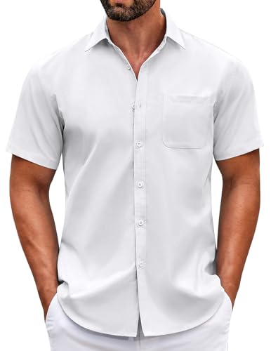 COOFANDY Herren Hemd Kurzarm Sommer Freizeit Hemden Basic Formales Tochzeit Business Hemd mit Tasche Weiß M von COOFANDY